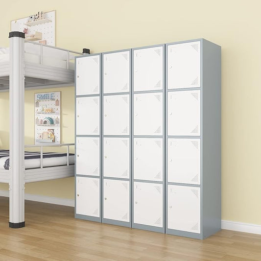 Metal Locker Cabinet with 4 Doors, 71" Storage for Employees, 4 Tier Steel Locker with Lock and Keys for School, Gym, Home, Office Staff (Grey White)