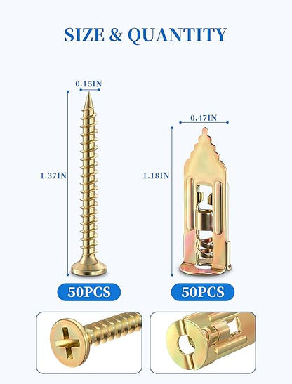 Upgraded 100 Pcs Self Drilling Drywall Anchors with Screws Kit, Zinc Plated Steel Sheetrock Anchors and Screws, No Drill Needed, Holds 66LB for TV, Shelf, Decor, Picture Frame Wall Mounting