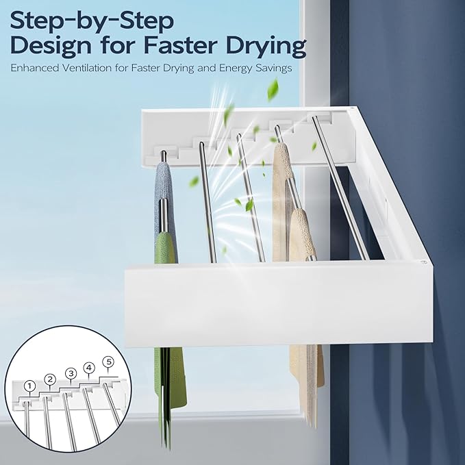 Wall Mounted Foldable Clothes Drying Rack, 31.5-Inch Wide, 5 Stainless Steel Rods, Space-Saving Laundry Drying Rack with Wall Template, White