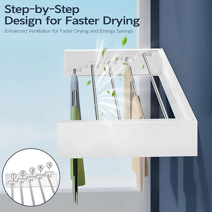 Wall Mounted Foldable Clothes Drying Rack, 31.5-Inch Wide, 5 Stainless Steel Rods, Space-Saving Laundry Drying Rack with Wall Template, White