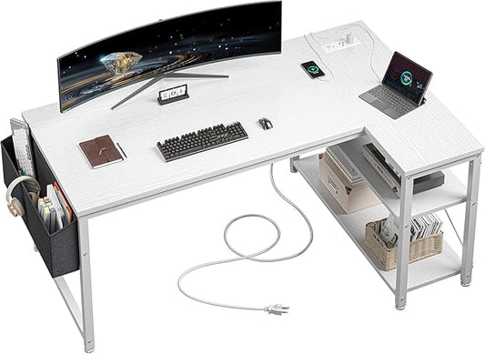 EnHomee Small Computer Desk with Storage Shelves & Side Bag, 40 Inch L Shaped Gaming Desk with Power Outlets, Corner Desk Study Writing Table for Home Office Bedroom Living Room, White
