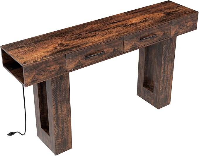 LUMISOL Farmhouse Entryway Table with 2 Drawers, Console Table with Side Power Outlet, 63-Inch Long Sofa Table for Hallway Living Room Office, Reddish Brown