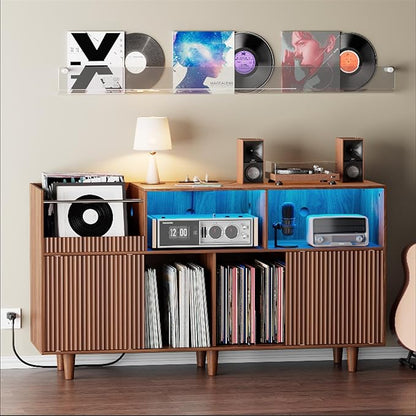 Large Record Player Stand with Power Outlets & LED Lights, Record Player Table Cabinet with Vinyl Record Storage Holds up to 500 Albums, Turntable Stand for Living Room, Bedroom