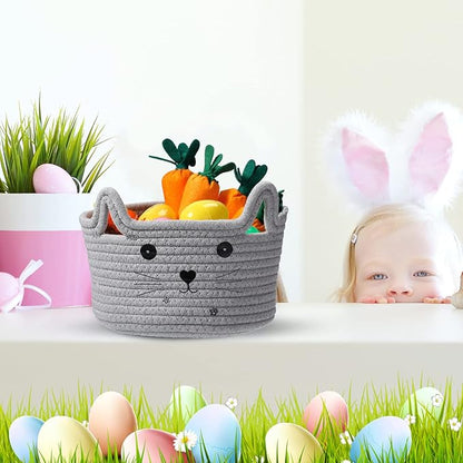 Zopeal Cat Basket Storage Woven Organizer with Ears Easter Decorative Gift Pet Toy Cute Cotton Rope Basket for Gift Cat Dog Toy Bin Nursery Room(8.3 x 4.7 Inch,Light Gray)