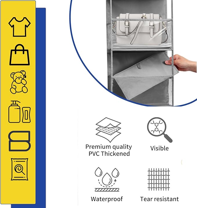 2 Packs Over The Door Organizer - 6-Shelf Hanging Storage Organizer with Clear Plastic Pockets - Large Capacity Pantry Storage Shelf for Bathroom, Bedroom, Nursery (Grey)