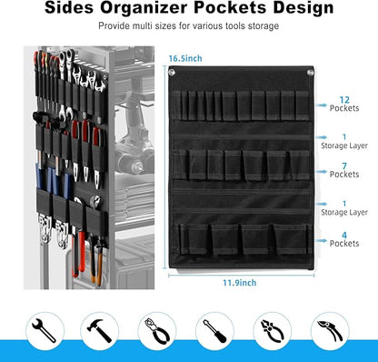 JUNNUJ Large Power Tool Organizer Cart with Charging Station, Garage Floor Standing Rolling Drill and Tools Battery Storage Cart on Wheels, Heavy Duty Rack Shelf with 8 Outlet Power Strip, Black