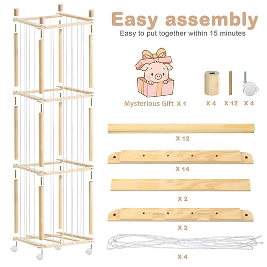 Stuffed Animal Storage, Wood Stuffed Animal Zoo Storage with Brake Wheels, Space Save Toy Organizer, Large Capacity Stuffed Animal Holder, Perfect for Nursery Playroom Kidroom Bedroom-54.3 Inch