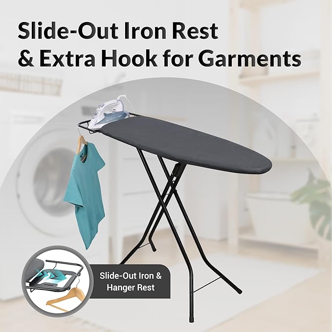 2026 Enhanced Ironing Board, Folding Iron Board with Retractable Iron Rest& Hook, 7-Level Height Adjustable Ironing Table with Thermo-Reflective Surface &10mm Thicken Pad, 43"x14"x36"