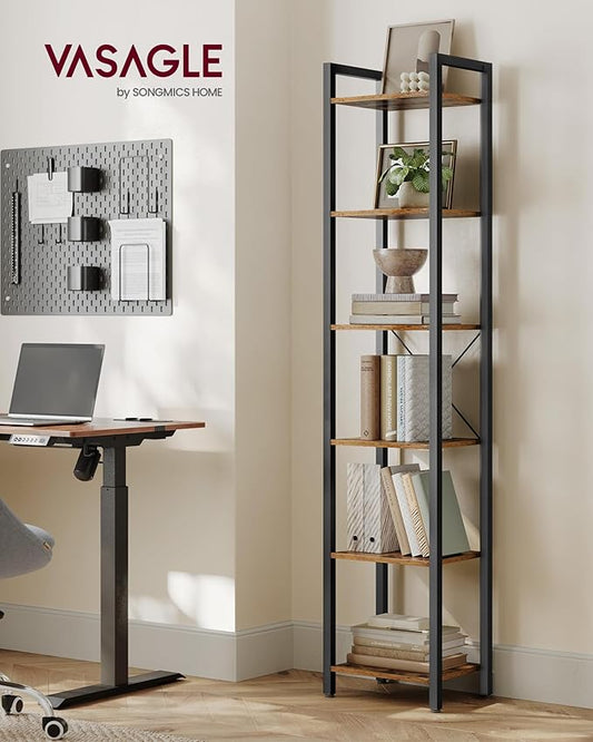 VASAGLE 6-Tier Bookshelf, Bookcase with Steel Frame, Book Shelf for Living Room, Home Office, Study, 11.8 x 15.7 x 73.2 Inches, Industrial Style, Rustic Brown and Ink Black ULLS101B01
