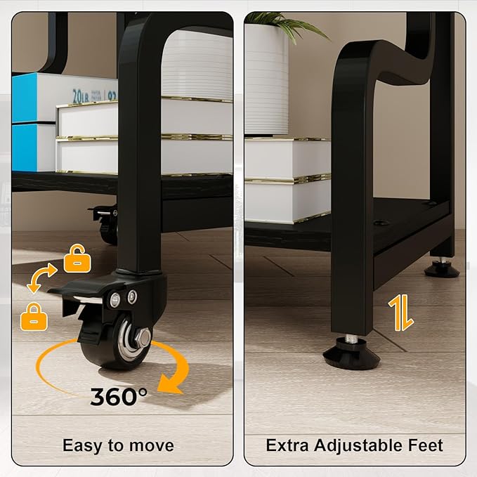 Natwind 3-Tier Printer Stand with Wheels Movable Storage Cart Floor-Standing Multi-Purpose Shelf Rack for Media Player Scanner Files Books Microwave Oven in Kitchen Living Room Home Office (Black)