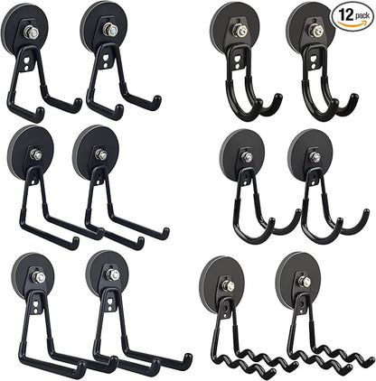 ULIBERMAGNET Heavy Duty Magnetic Garage Hooks Kit,12 Pack Strong Large Magnet Hook for Power Drill,Garden Tools,Hose,Pegboard,Garage, Workshop,Magnetic Storage Hooks for Indoor Outdoor Hanging(Black)