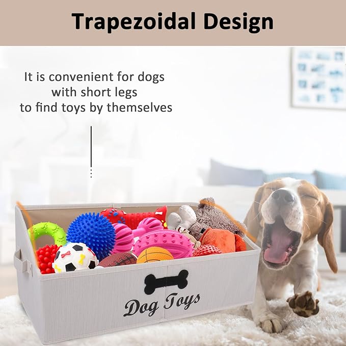 Large Dog Toy Basket Collapsible Dogs Toy Box Fabric Trapezoid Dog Toys Bin Storage for organizing pet Toys/Blankets/leashes/Rope Toys/Clothing-Can be Personalized-Slub Beige