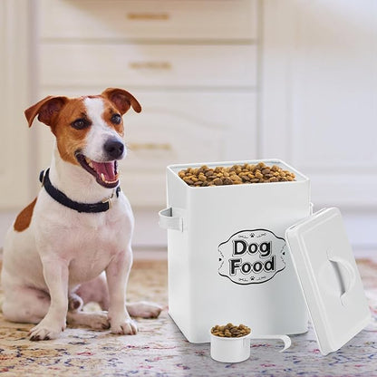 Youeon 5-7 Lbs(25 Cup) Metal Dog Food Storage Container with Lid and Scoop, Airtight Dog Treat Container, Farmhouse Pet Food Storage Container, Cute Dog Food Canister, Gift for Dogs and Owners, White