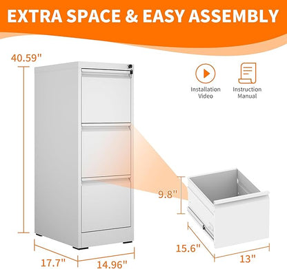 3 Drawer File Cabinet with Lock,White Metal Filing Cabinets Heavy Duty Locking Vertical File Cabinet Home Office Steel Storage Cabinet for Legal/Letter Size File,Assembly Required