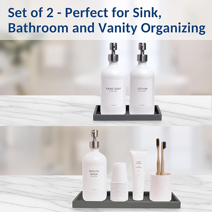 Countertop and Vanity Tray - 2 PC (11” and 7”) Shatterproof Silicone Kitchen and Bathroom Trays for Counter, Kitchen Soap Dispenser Tray, Vanity Trays for Bathroom, Perfume Key Tray