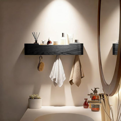 Wall Coat Rack Floating Shelves Modern Coat Rack Wall Mount with Storage Entryway Shelf Wooden Hanger 20 Inch 4 Hidden Metal Hooks for Living Room Bedroom (Black, 4 Hooks)