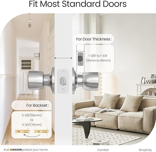HOSOM Passage Door Knob, Interior Door Knob, Keyless Door knobs Interior for Hallway, Closet and More, No Locking Satin Nickel Door Handle Knob, 1 Pack