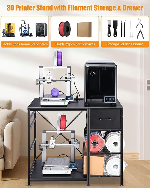 3D Printer Stand with Filaments Storage - 3D Printer Table Filament Storage Rack Heavy Duty 3D Print Desk with Drawer for Workshop Studio Office