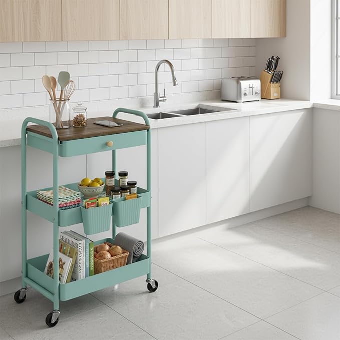 danpinera 3 Tier Rolling Cart, All-in-One Art Cart Organizer on Wheels for Kitchen, Bathroom, Office, Laundry