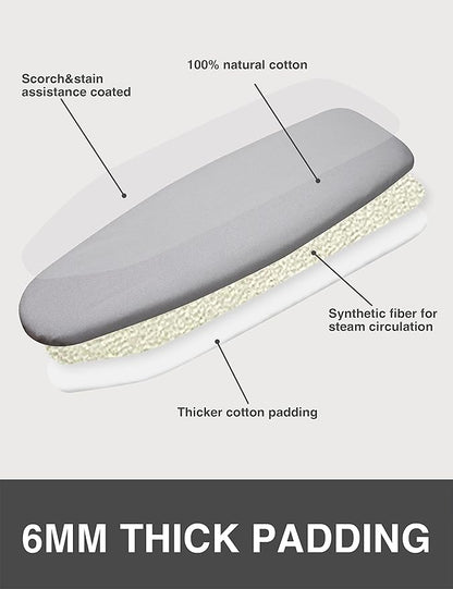 Ironing Board Cover and Pad 18"x49" Extra Wide Natural Cotton, Scorch and Stain Resistant Silicone, 6mm Thick Padding Iron Board Cover with Fasteners Heavy Duty Elastic Edge, Heatproof