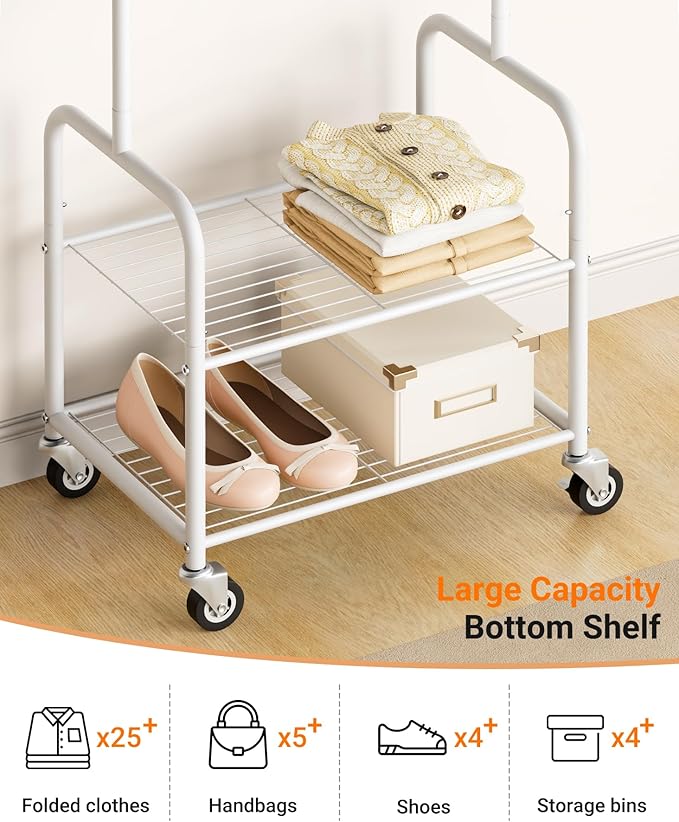 AOODA Small Clothes Rack with Shelves, Metal Sturdy Rolling Clothing Racks for Hanging Clothes, Portable Garment Rack with Wheels for Shirts, Coats, Shoes, Bags (White)