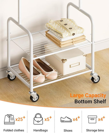 AOODA Small Clothes Rack with Shelves, Metal Sturdy Rolling Clothing Racks for Hanging Clothes, Portable Garment Rack with Wheels for Shirts, Coats, Shoes, Bags (White)