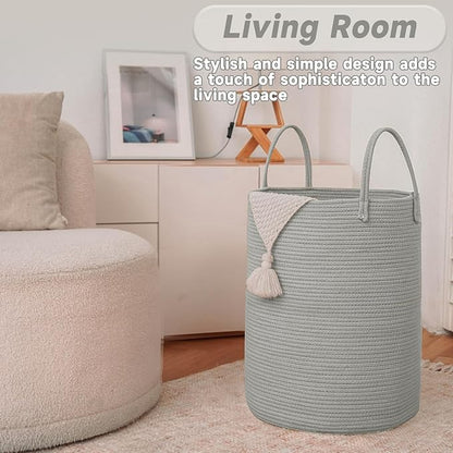 Large Woven Laundry Basket Hamper,60L Cotton Rope Storage Bin for Blankets,Toys and Clothes,Decorative Tall Nursery Hamper for Living Room,Baby Nursery,Bathroom and Bedroom,Grey