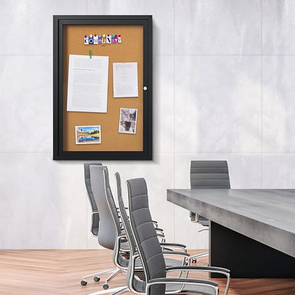 INNOVART Enclosed Bulletin Board 36”x24”, Lockable Cork Noticeboard with Black Aluminum Frame, Outdoor Enclosed Bulletin Board Weatherproof, Wall Display Case with Swing-Open Door Information Cabinet