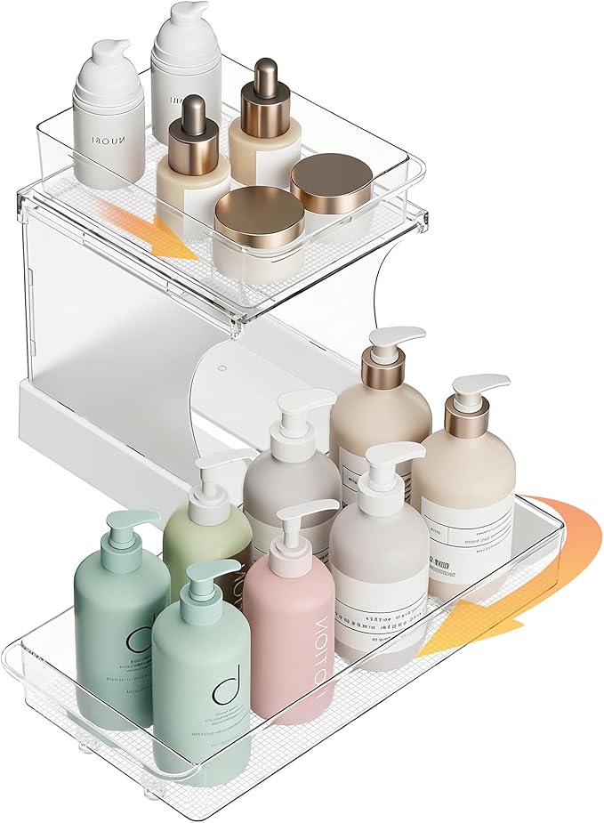 Attelite Pull Out Cabinet Organizer, 2 Tier Bathroom Counter Organizer with 180° Rotating and Foldable Design, Sliding Drawers Clear Spice Rack Organizer for Cabinet, Under Sink Organizer