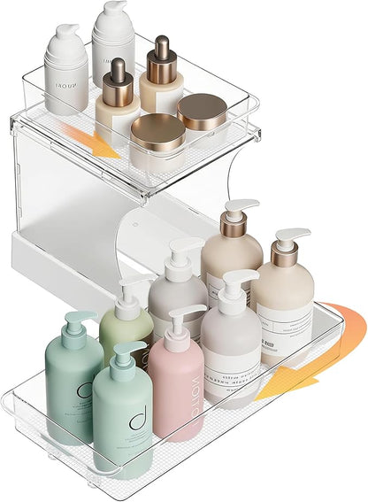 Attelite Pull Out Cabinet Organizer, 2 Tier Bathroom Counter Organizer with 180° Rotating and Foldable Design, Sliding Drawers Clear Spice Rack Organizer for Cabinet, Under Sink Organizer