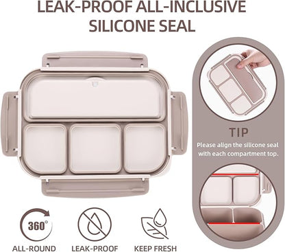 QQKO Bento Box Adult Lunch Box, Lunch Containers for Adults Men Women, Kids Lunch Boxes for School with 4 Compartments, Sauce Container, Utensils and Muffin Cups, Brown