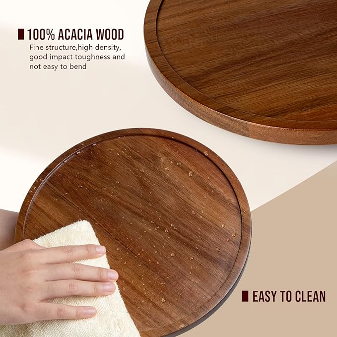 Lazy Susan Organizer for Table, 10 Inch Wooden Lazy Susan Turntable for Cabinet, Acacia Wood Turntable Kitchen Spice Rack (2 Pack)