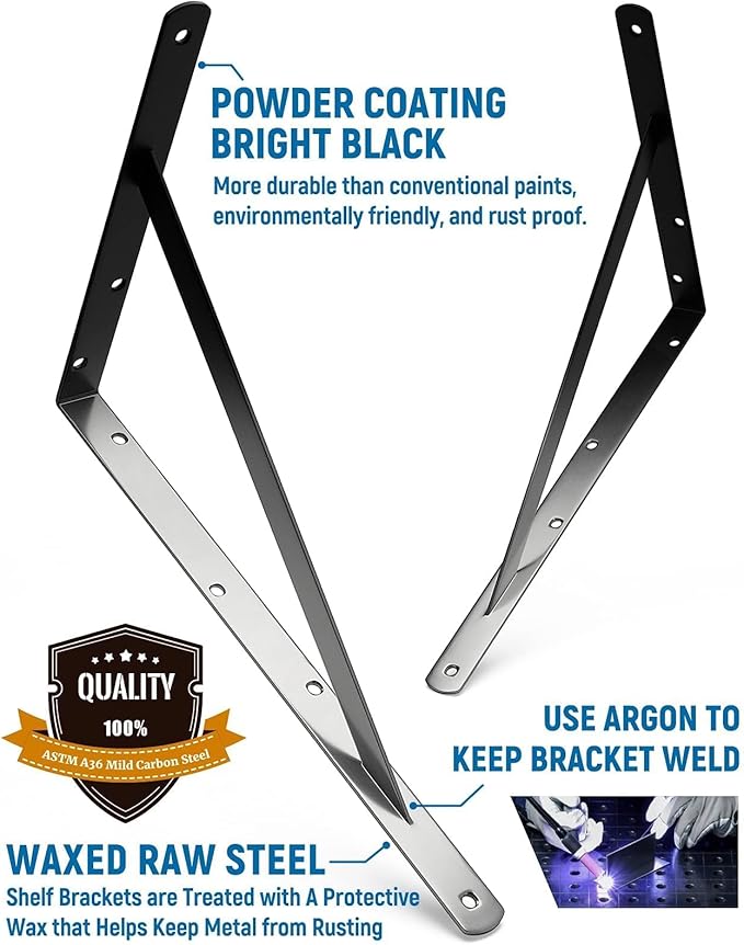 12-Pack 18 Inch Heavy Duty Shelf Brackets, Large Floating Wall Bracket for Garage Storage Shelves, Black Powder-Coated Finish, Load Capacity 800lbs