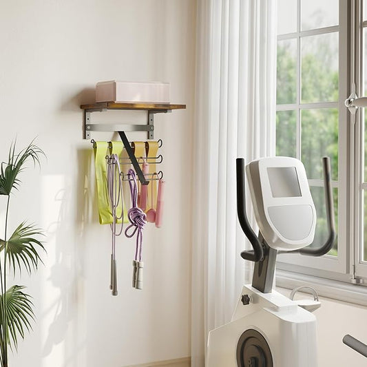 TJ.MOREE Resistance Rack Band Storage Hanger with Shelf Gym Equipment Organizer, Storage Rack for Home Gym, Brown