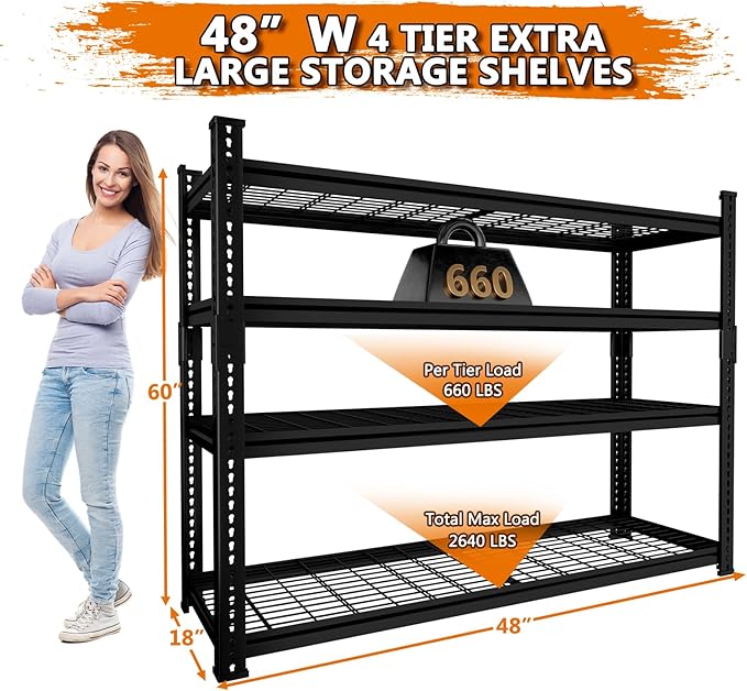 Storage Shelves Heavy Duty, 48" L x 18" W x 60" H Garage Wire Shelving Unit Loads 2640LBS, 4-Tier Adjustable Metal Industrial Utility Shelf Rack for Kitchen, Laundry Room, Pantry, Warehouse, Basement