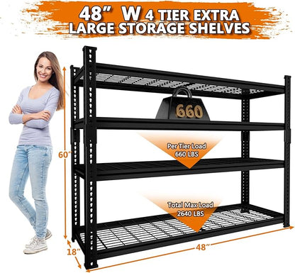 Storage Shelves Heavy Duty, 48" L x 18" W x 60" H Garage Wire Shelving Unit Loads 2640LBS, 4-Tier Adjustable Metal Industrial Utility Shelf Rack for Kitchen, Laundry Room, Pantry, Warehouse, Basement