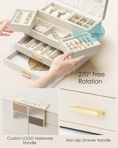 Vlando 4 Layers Jewelry Box - Women Jewelry Box with Retractable Tray - Jewelry Organizer with Drawer for Necklaces, Rings, Bracelets, Earrings, Valentines Gift for Mom Girls - Cloud White