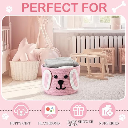 Zopeal Dog Woven Basket, 7.9" D x 6" H Cotton Rope Toy Storage Organizer, Dog Mom Gift Empty, Cute Laundry Puppy Gift Animal Basket for Clothes, Towels, Toy, Laundry, Bathroom, Home(Pink,White)