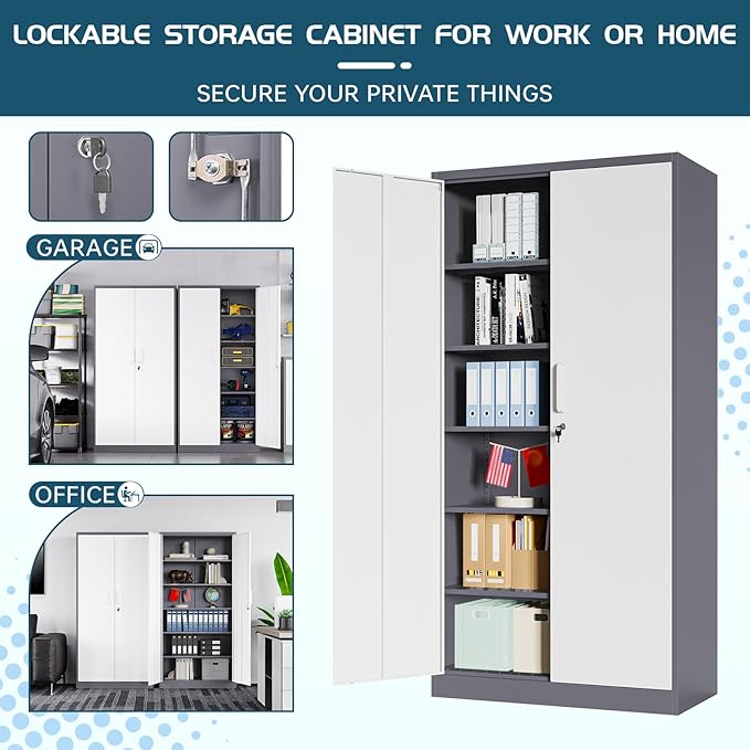 MIIIKO Storage Cabinet with Locking Doors, 72" Tall Metal Cabinet with 5 Adjustable Shelves, 36" Wide Steel Cabinets for Home Office, Garage, Pantry, Workshop…