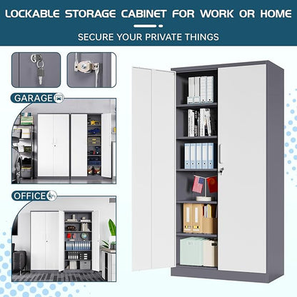 MIIIKO Storage Cabinet with Locking Doors, 72" Tall Metal Cabinet with 5 Adjustable Shelves, 36" Wide Steel Cabinets for Home Office, Garage, Pantry, Workshop…