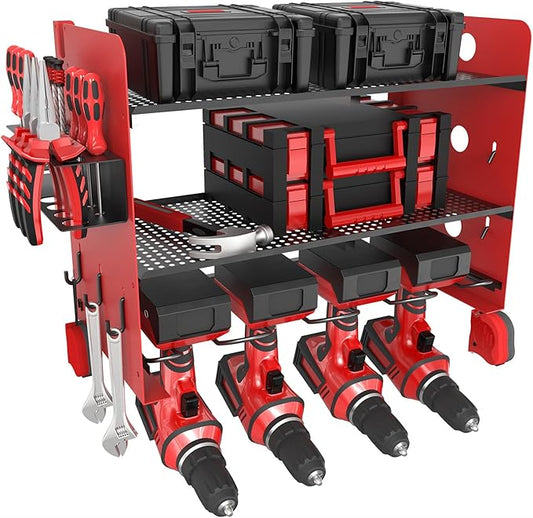 NWH Power Tool Organizer Wall Mount,Tool Organizer with 5 Drill Racks in Garage, 3 Levels of Storage Space, Heavy Duty Metal Power Tool Storage Rack Tool Shelf for Garage Organization