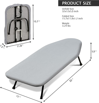 SheeChung Small Ironing Board 12"X32",Mini Ironing Board with Removable Cover and Pad,Portable Folding Non-Slip Feet Tabletop Board for School Apartment Laundry Rooms,Compact Space-Saving,Silver Grey