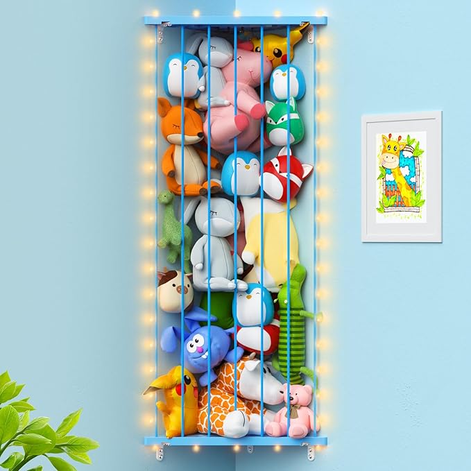 Corner Stuffed Animal Storage Net - Stuffed Animals Holder with Lights - Plush Organizer Hanging Stuffed Animal Hammock with Adjustable Length for Playroom Bedroom