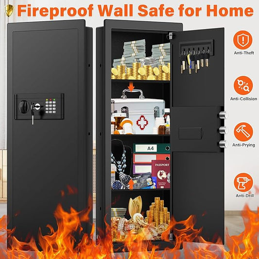 39.4" Tall Fireproof Wall Safes Between the Studs 16" Center, Hidden In Wall Safe with Electronic Keypad, 3 Removable Shelf & Silent Mode, Heavy Duty Wall Mount Safe for Cash Jewelry Passport Document
