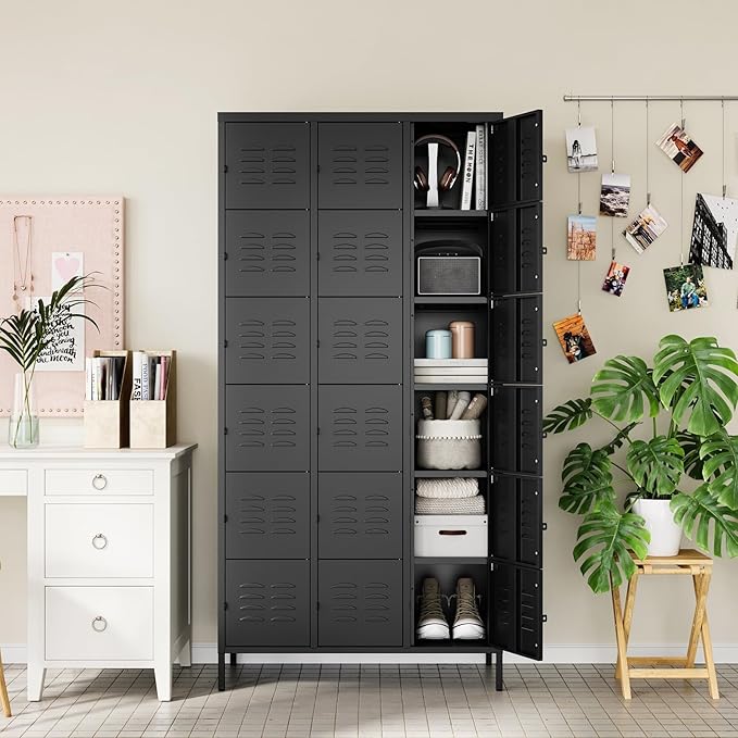 Letaya Metal Lockers for Employees-18 Door Storage Locker with Shelves and Lockable Steel Cabinet for School,Gym,Office,Staff (Black, 18 Door)