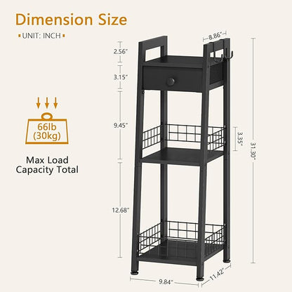 3-Tier Narrow Ladder Shelf with Drawer, Bathroom Table Stand for Small Space, Narrow Bathroom Standing Shelves with Storage for Living Room Bedroom Kitchen, Black