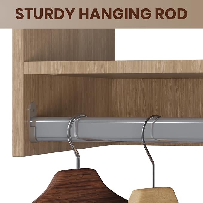 ROOMTEC Modular Closet System, 90" Wall-Mounted Closet Organizer with Hanging Rods and Shelves, Wooden Tower for Walk-In Closets, Wardrobe Storage Kit, Wood