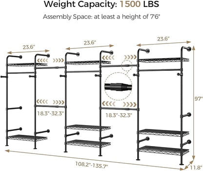 Closet Organizers and Storage, 5-Row Heavy Duty Clothes Rack for Hanging Clothes, Wall Mounted Closet System with 4 Telescopic Rods, 3 Fixed Rods, 6 Hooks, 8 Shelves for Wardrobe, Bedroom, Small Space