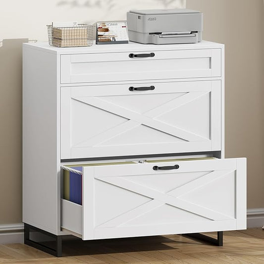File Cabinet 3 Drawers Lateral File Cabinet for Letter/Legal/A4 Size Hanging Files, Large Wood File Storage Cabinets Printer Stand for Home Office, White and Black