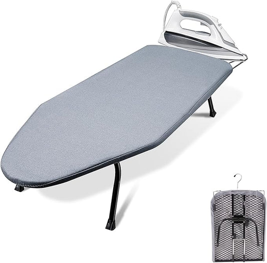 SheeChung Small Tabletop Ironing Board 32" Lx12 W,Folding Ironing Board with Iron Rest,Mesh Metal Base,Cotton Cover,Hook for Hanging,Portable Mini Iron Board for Sewing Craft Room Dorm,Grey Blue
